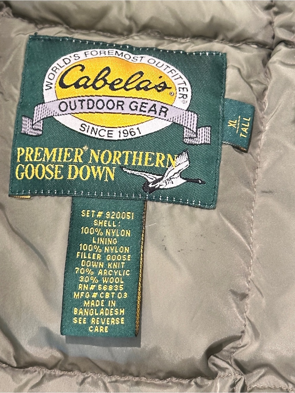 Vintage Cabelas Premier Northern Goose Down Vest Mens XL Tall Olive Old Label - Picture 7 of 16